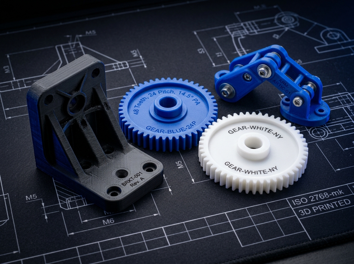 Componentes de ingeniería 3D sobre plano técnico